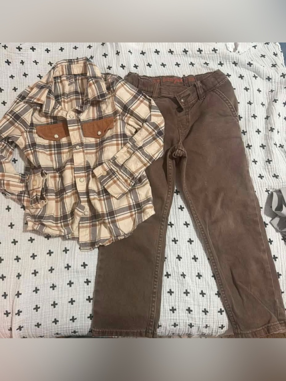 OshKosh B'gosh Toddler Boys' Long Sleeve Western Plaid Shirt - Cream/Tan